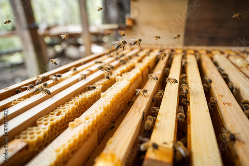  Abejas revoloteando alrededor de una colmena. Generado con IA