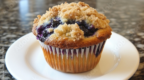 Muffinka jagodowa prosto z pieca, z wierzchem pokrytym chrupiącą kruszonką.