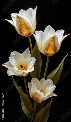 Elegant white and golden tulips with green leaves on a black background