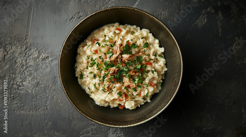 Kremowe risotto w eleganckiej misce, serwowane na prostym tle.