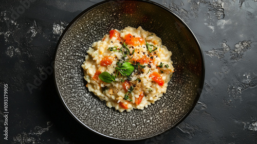 Kremowe risotto w eleganckiej misce, serwowane na prostym tle.