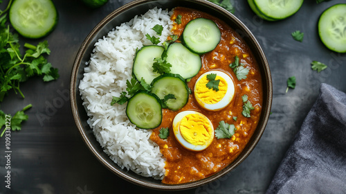 Curry jajeczne podane z lekkim delikatnym ryżem i orzeźwiającymi ogórkami.