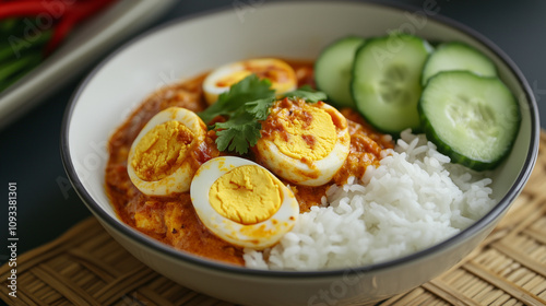 Curry jajeczne podane z lekkim delikatnym ryżem i orzeźwiającymi ogórkami.