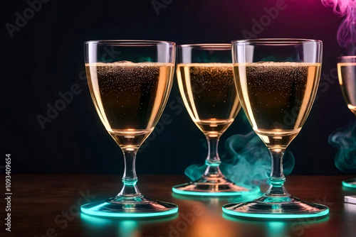 Close up festive background of glasses with champagne, lit purple light at formal wedding party. Glass with champagne is built in form of pyramid. Design backdrop holiday backgrounds. Copy text space