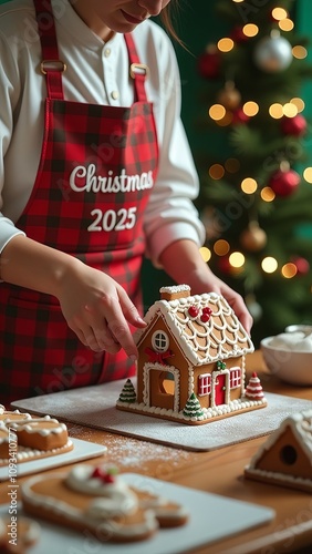 Christmas concept. Close-up of female hands of pastry chef assembling gingerbread house on table in red apron with number 2025 on blurred background of Christmas tree with bright lights