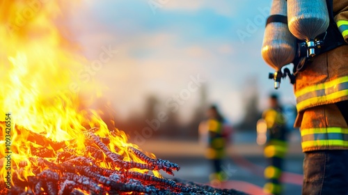  evacuation response fire alarm. A firefighter stands near a blazing fire, showcasing the bravery and dedication of emergency responders in action.