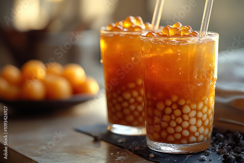 Two glasses of cold tapioca drink, known as bubble tea. 