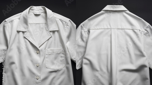 White short-sleeved button-up shirt, front and back views..