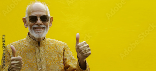 Smiling man in sunglasses and a gold shirt gives two thumbs up..