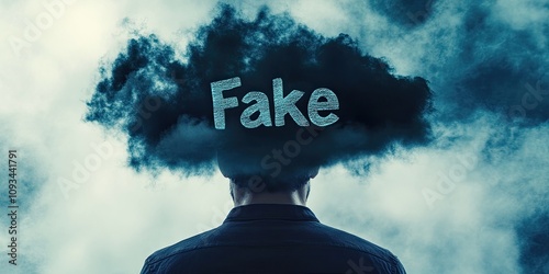 A "Fake" Labeled Dark Cloud Covering a Person's Head, on white background