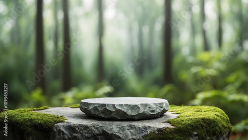 grey rock pedestal for a product display stand, green forest and blurred on the background 