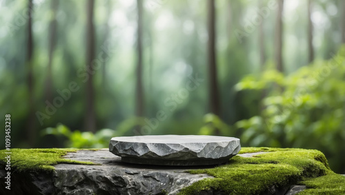 grey rock pedestal for a product display stand, green forest and blurred on the background 