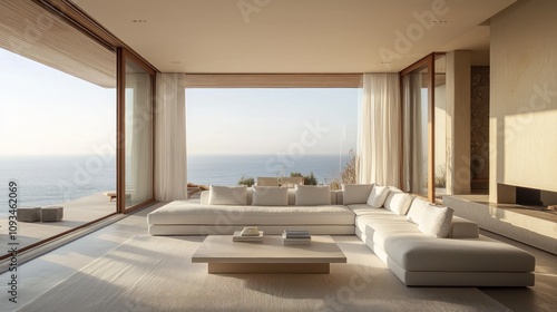 Minimalist living room with a white sectional sofa, sleek coffee table, and expansive windows that allow sunlight to flood the space. Serene ambiance ideal for unwinding.