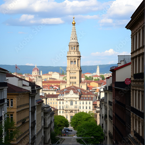 View of Torino (Turin, Italy) city center with landmark of Mole Antonelliana towering over the city. Day view of beautiful city break destination for tourists.