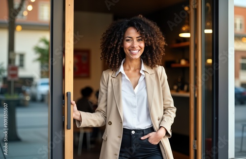 Smiling pro woman stands at business doorway. Daytime photo shows confident female in casual clothes, jacket. Stands outside modern office. Attractive businessperson welcomes clients. Exterior photo