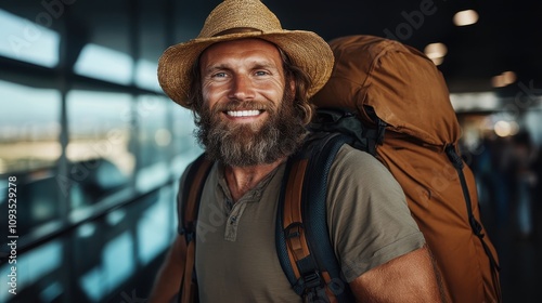 A joyous backpacker at the airport, with bushy hair and a big smile, dons a straw hat and a cozy olive green shirt, eager for an exciting journey ahead.