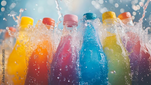 Colorful Soda Bottles Splashing in a Refreshing Water Burst AI Generated