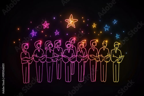 A mesmerizing neon outline of a choir joyously singing carols beneath a starry night sky against a pitch-black backdrop.