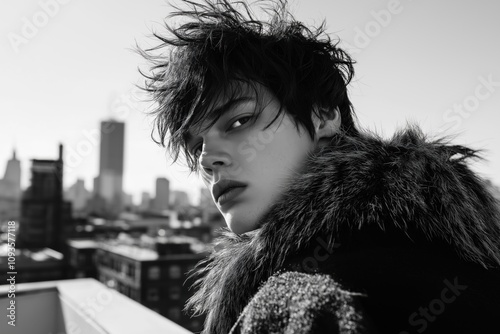 Stylish male model poses on rooftop. Modern mullet and shag haircut. Monochrome outfit. City skyline background. Fashion editorial portrait. Urban fashion. Trendy style. Cool pose. Fashion photo.