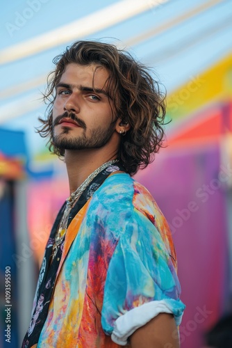 Man with modern mullet shag hairstyle wears vibrant festival outfit. Stands in front of colorful festival tent. Cool fashion portrait at festival. Fashionable person. Trendy outfit. Festival style.