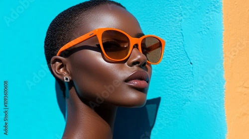 An assertive individual wearing vibrant orange sunglasses stands against a blue wall, symbolizing boldness, confidence, and a celebration of modern style.