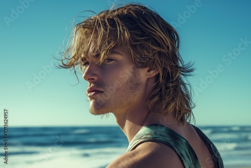 Man with modern mullet, shag hairstyle stands on sandy beach. Ocean waves. Beachwear. Fashion portrait. Stylish man on shore. Trendy fashion photo. Summer vibes. Sea beach scene. Outdoor portrait.