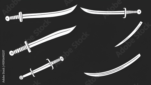 Set of simple monochrome images of sabers and cutlasses drawn by lines.