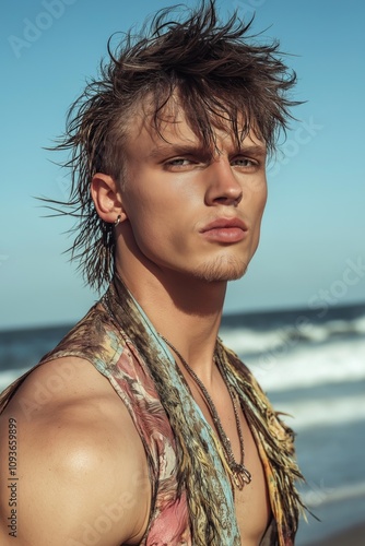 Man with trendy haircut stands on sandy shore. Beachwear fashion portrait. Ocean waves background. Stylish man with modern mullet shag haircut. Man wearing printed sleeveless top. Coastal fashion