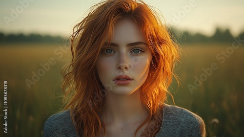 Serene sunset portrait of a woman with red hair in a tranquil field setting