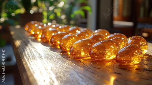 Golden amber stones on sunlit wooden table with lush greenery background