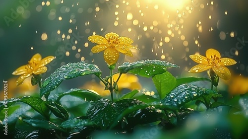 Radiant yellow flowers in rainfall with glowing sunlight