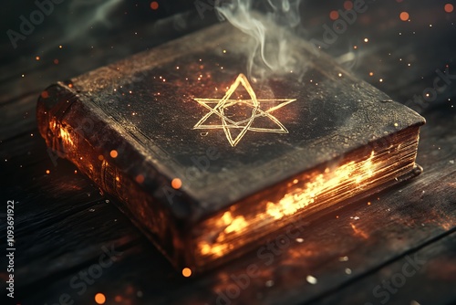 Weathered pages of an ancient spell book contain mysterious incantations