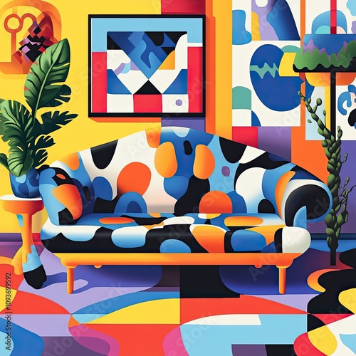 A vibrant and quirky living room with an abstract, hard-to-sit-on couch, surreal flat style, and imaginative design elements.