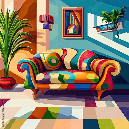 A vibrant and quirky living room with an abstract, hard-to-sit-on couch, surreal flat style, and imaginative design elements.