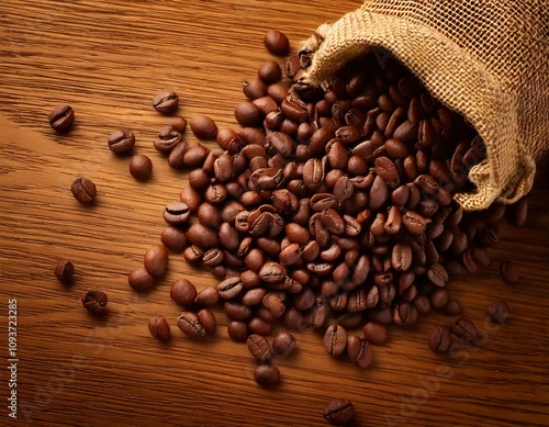 Coffee beans poured out of a bag of burlap onto a wooden table