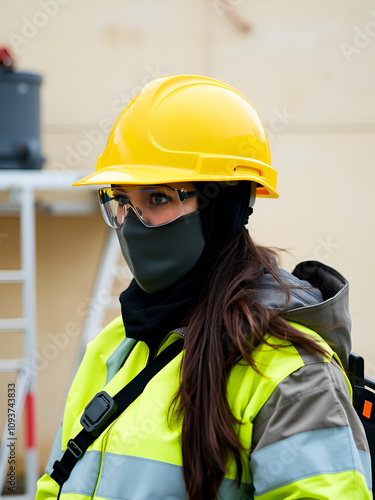 femme en tenue de chantier avec lunette de protection et casque