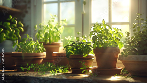 Indoor herb garden with pots of thyme and basil, supporting self-sufficient, sustainable living practices.