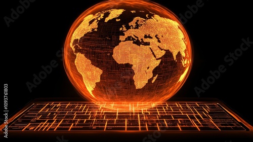 A luminous digital globe of Earth floats above a laptop keyboard, set against a blurred backdrop of code.