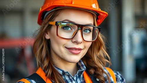 femme en tenue de chantier avec lunette de protection et casque