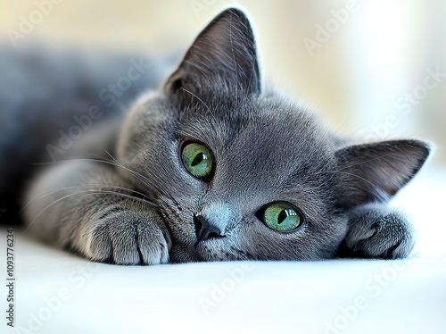 A silver-tipped blue adult Korat cat lies sideways with one paw dangling over the edge, gazing directly at the camera with green eyes, set against a white background.