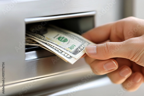 A young woman withdraws cash from an ATM, managing her money securely and efficiently.