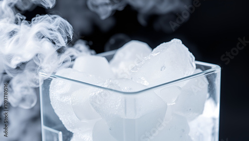 Clear square container with dry ice bubbling and emitting clouds of vapor