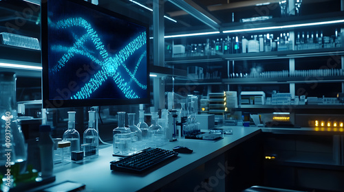 A molecular biology lab with genetic editing tools and digital DNA sequences displayed.