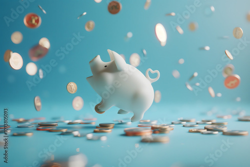 Coins falling towards white happy piggy bank in jump. Children savings, investments, retirement plan. High quality photo