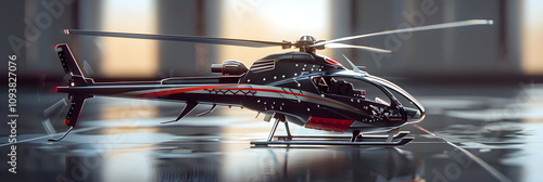 Display of a Sleek, Sophisticated RC Helicopter With Detailed Design in an Indoor Setting