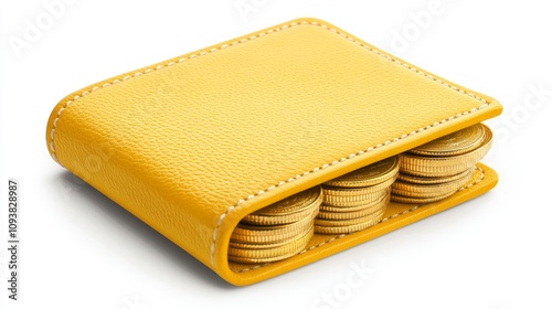 Yellow wallet with golden coins, crisp white background