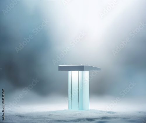 Empty podium with cool winter tones for product display. A clean, minimalist platform set in cold winter hues, ideal for highlighting seasonal product advertising in a frosty, serene ambiance