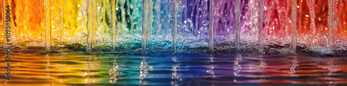 A serene water fountain, sending cascading streams of colored water into a reflecting pool.