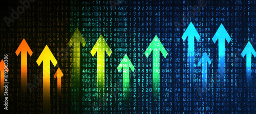 Colorful arrows rising over digital numbers, symbolizing market trends