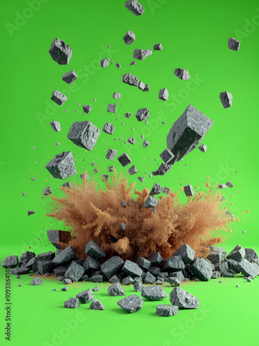 Explosion and falling debris on green screen. Controlled detonation of flying stone particles and dust in chroma key. Black rubble demolition background. Rock destruction concept. 3d animation in 4k